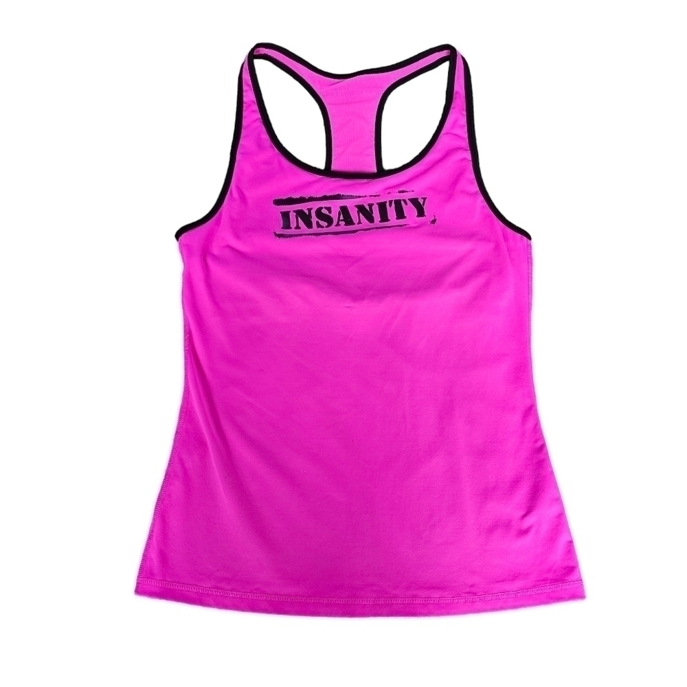 Bright Pink Fitted Halter Workout Top with Insanity Graphic, Size Large